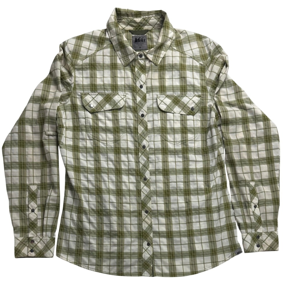 REI Womens Button Up Plaid Long Sleeve Shirt Green White Size M
